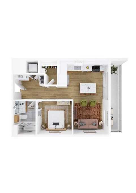 A top-down view of a small apartment with a kitchen, living room, and bathroom.
